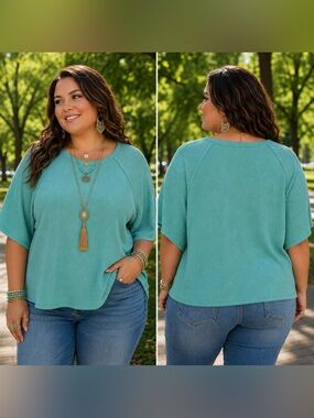 🆕 Aqua Ribbed Oversized Boho Tunic Top Lightweight Stretch 1X 2X 3X
